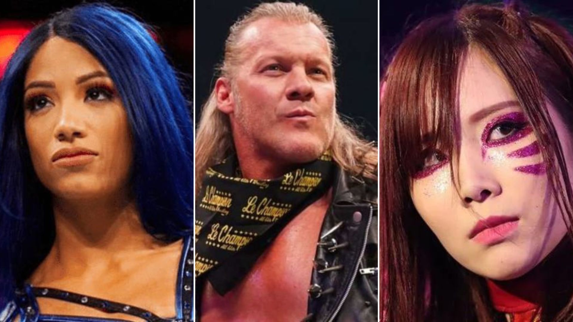 Sasha Banks on the left, Chris Jericho in the middle, Kairi Sane on the right