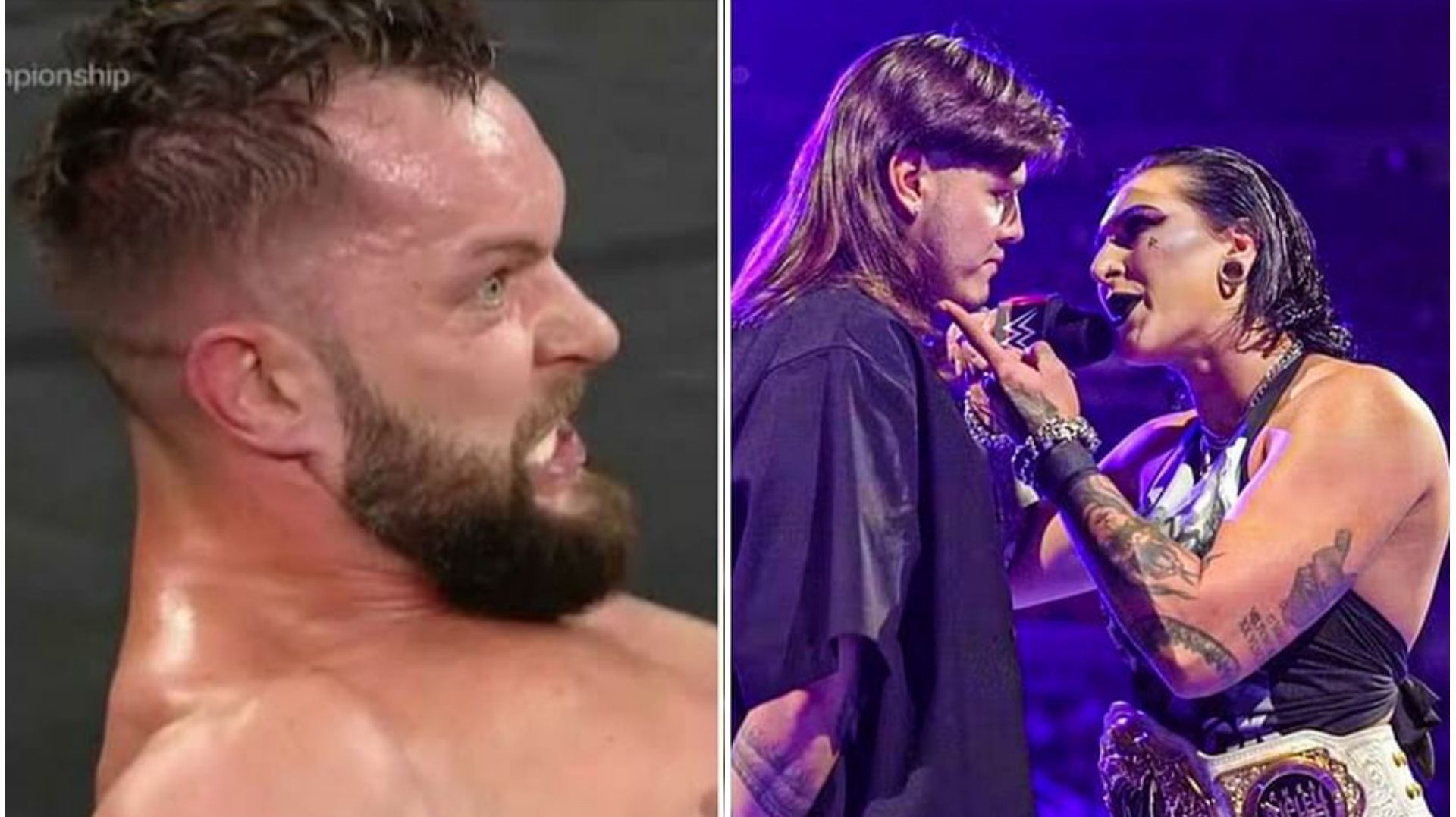 Finn Balor (left); Dominik &amp; Rhea Ripley (right)