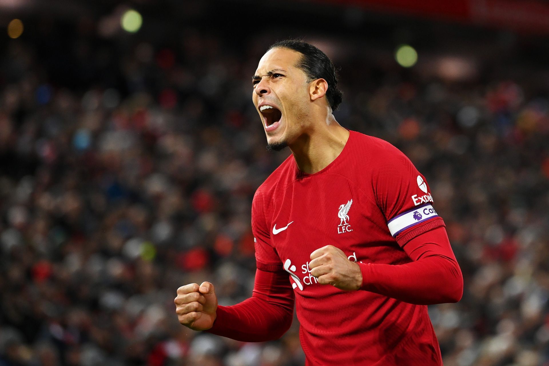 Virgil van Dijk celebrates a goal.