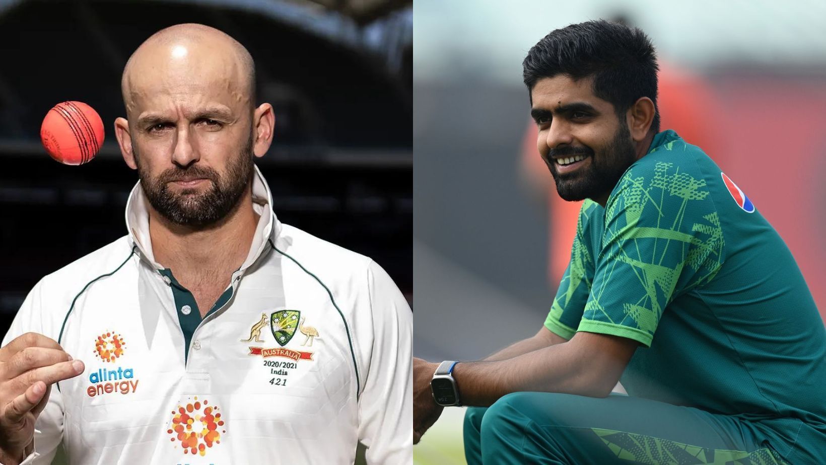 Nathan Lyon (L) and Babar Azam.