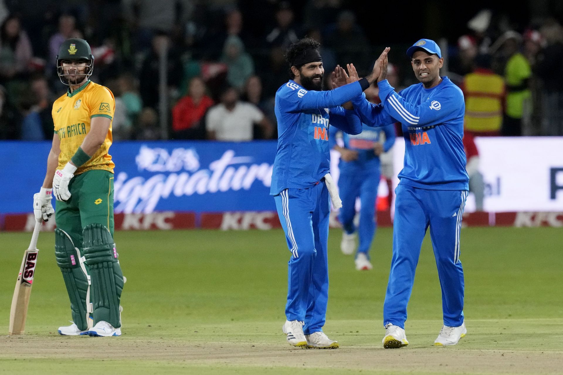 Indian players celebrate a wicket in the second T20I. (Pic: AP)