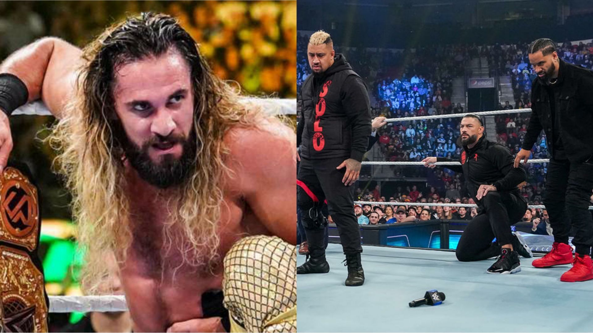 Seth Rollins (left) and The Bloodline (right)