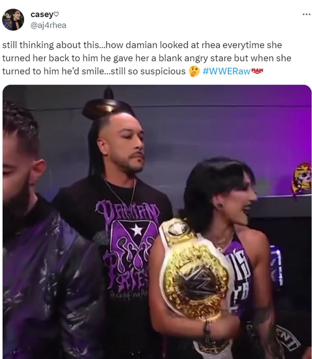 Damian Priest looking over Women&#039;s World Champion Rhea Ripley