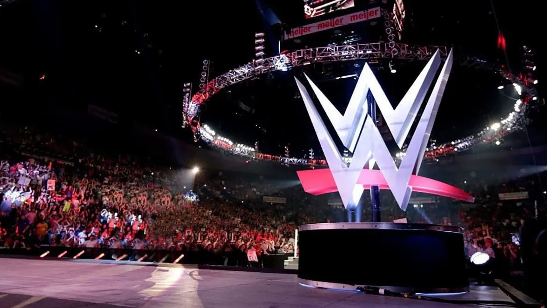 The WWE logo on display inside arena