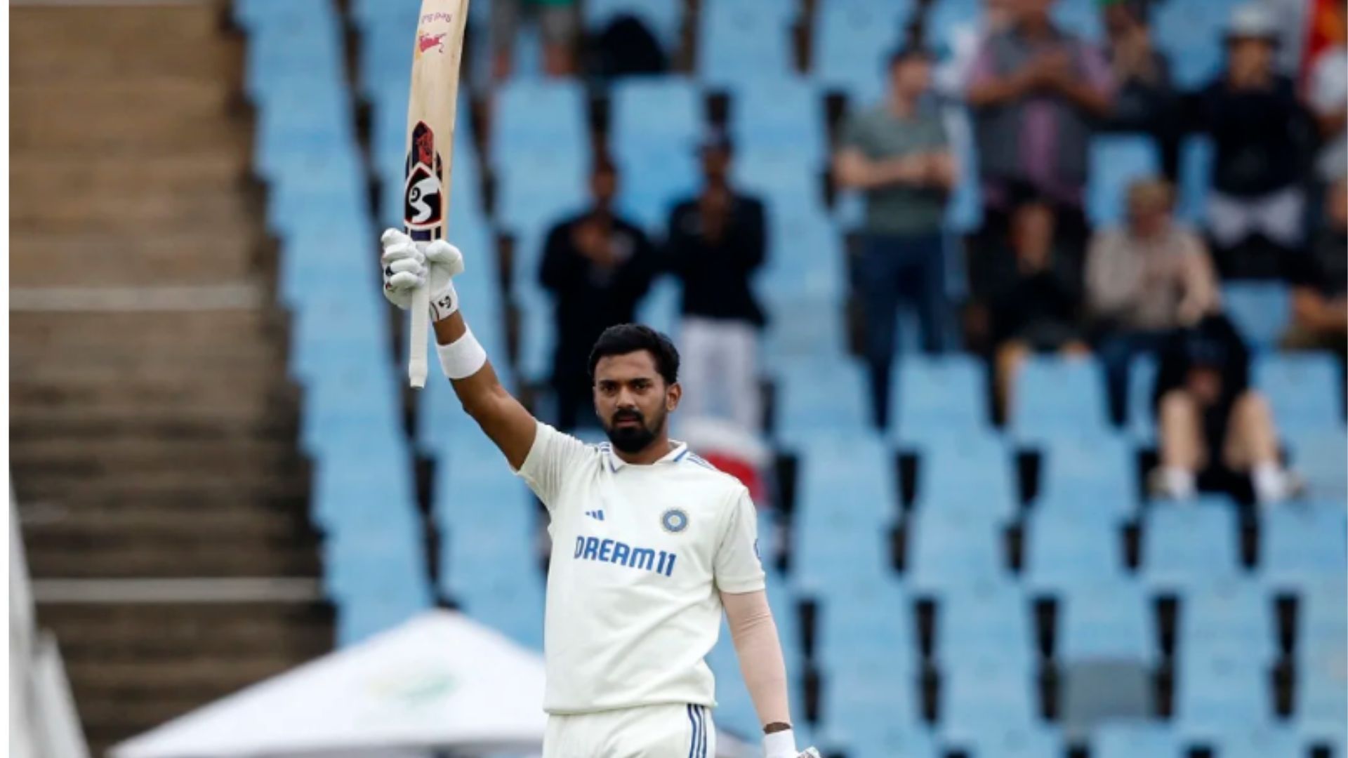 KL Rahul raises his bat after scoring his 8th Test hundred at the Supersport Park in Centurion. (Pic: Getty) 