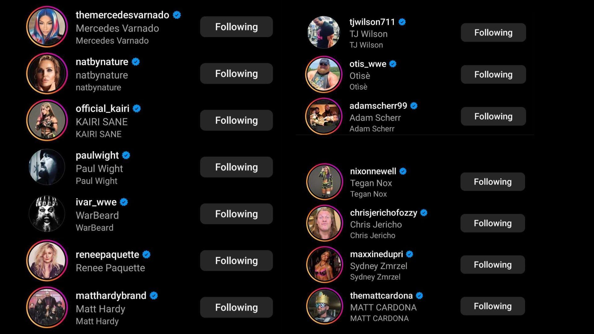 Screenshot of current and former WWE stars&#039; likes on Drew McIntyre&#039;s Instagram post