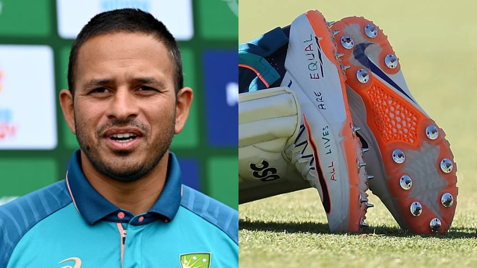 Usman Khawaja (L) and his shoes with slogans.