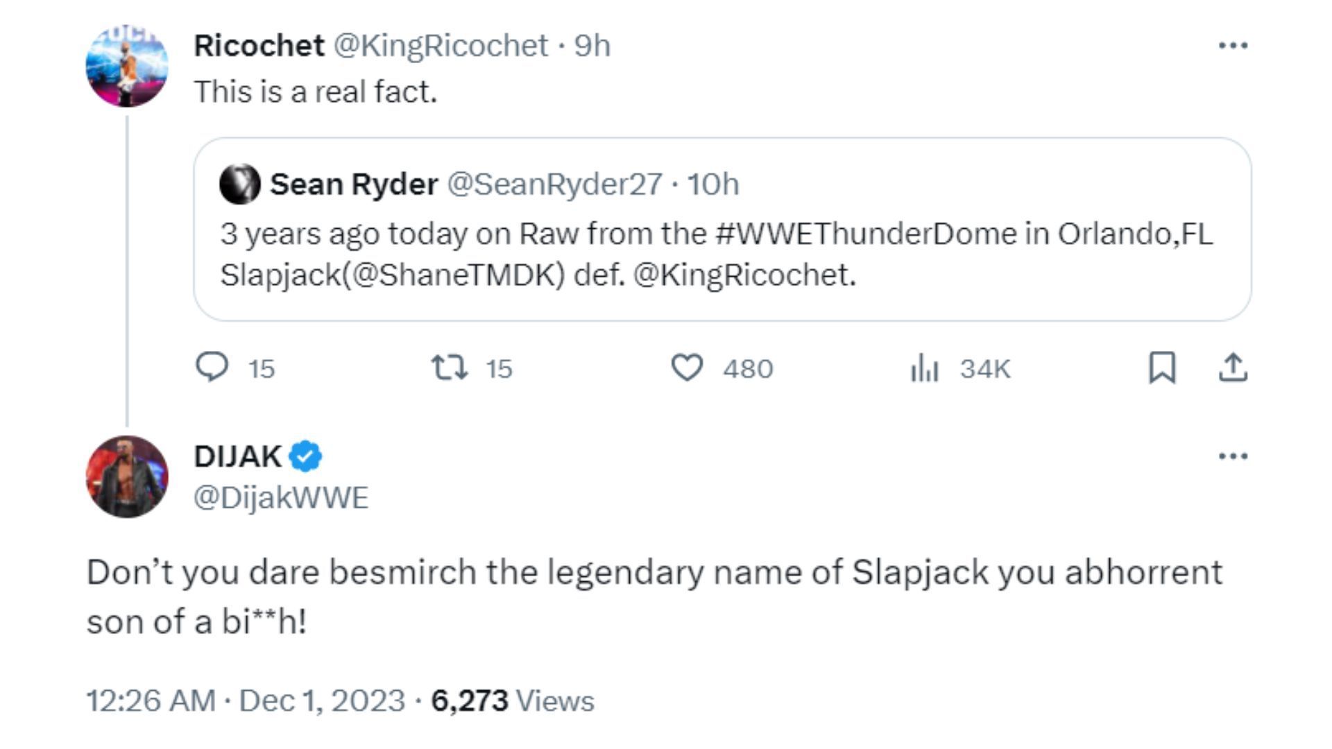 A screengrab of Ricochet and Dijak&#039;s recent Twitter interaction.