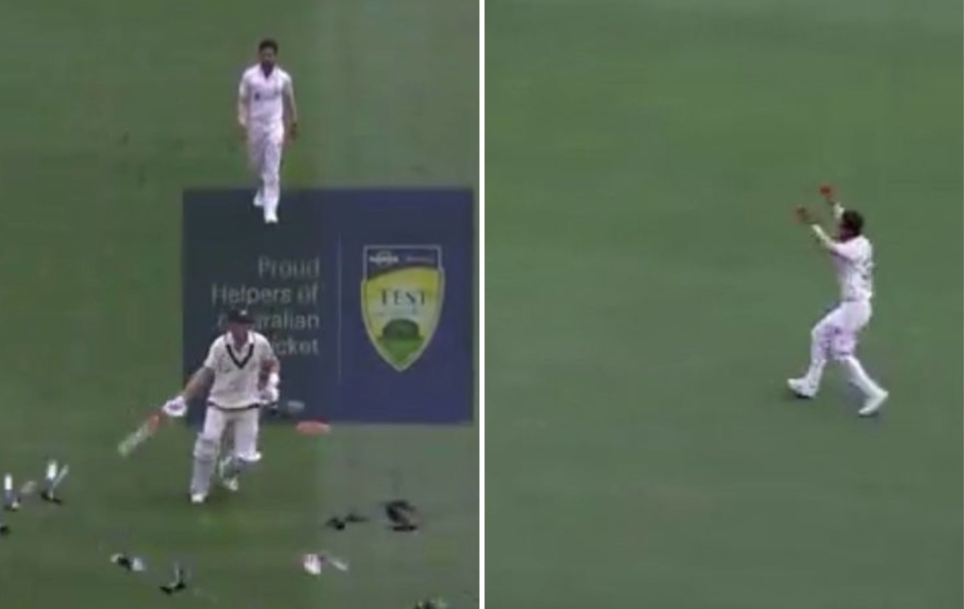 Marnus Labuschagne (L) shooing the pigeons away at MCG. (Pics: X)