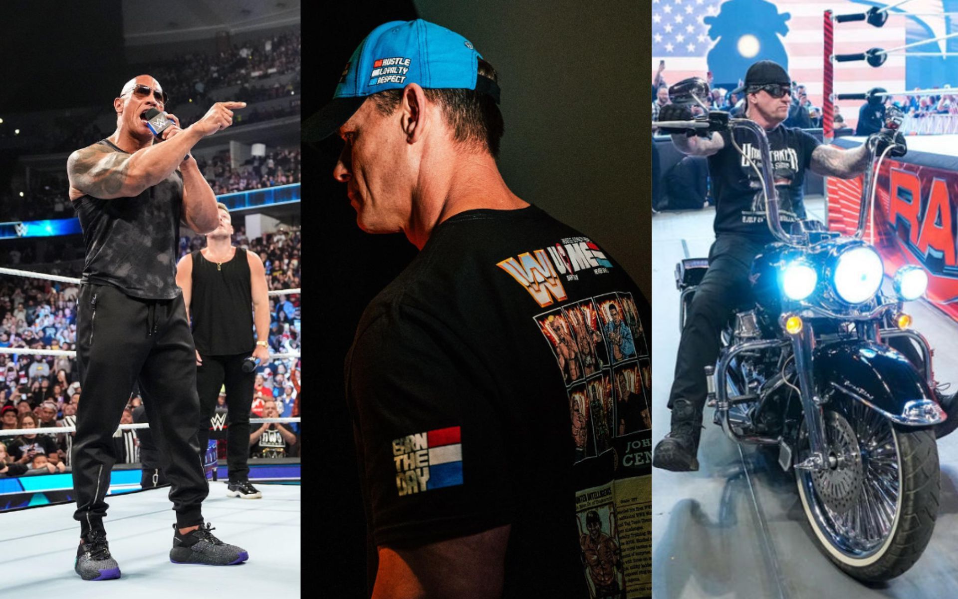 (Left to Right): The Rock; John Cena; The Undertaker (Credit: WWE) 