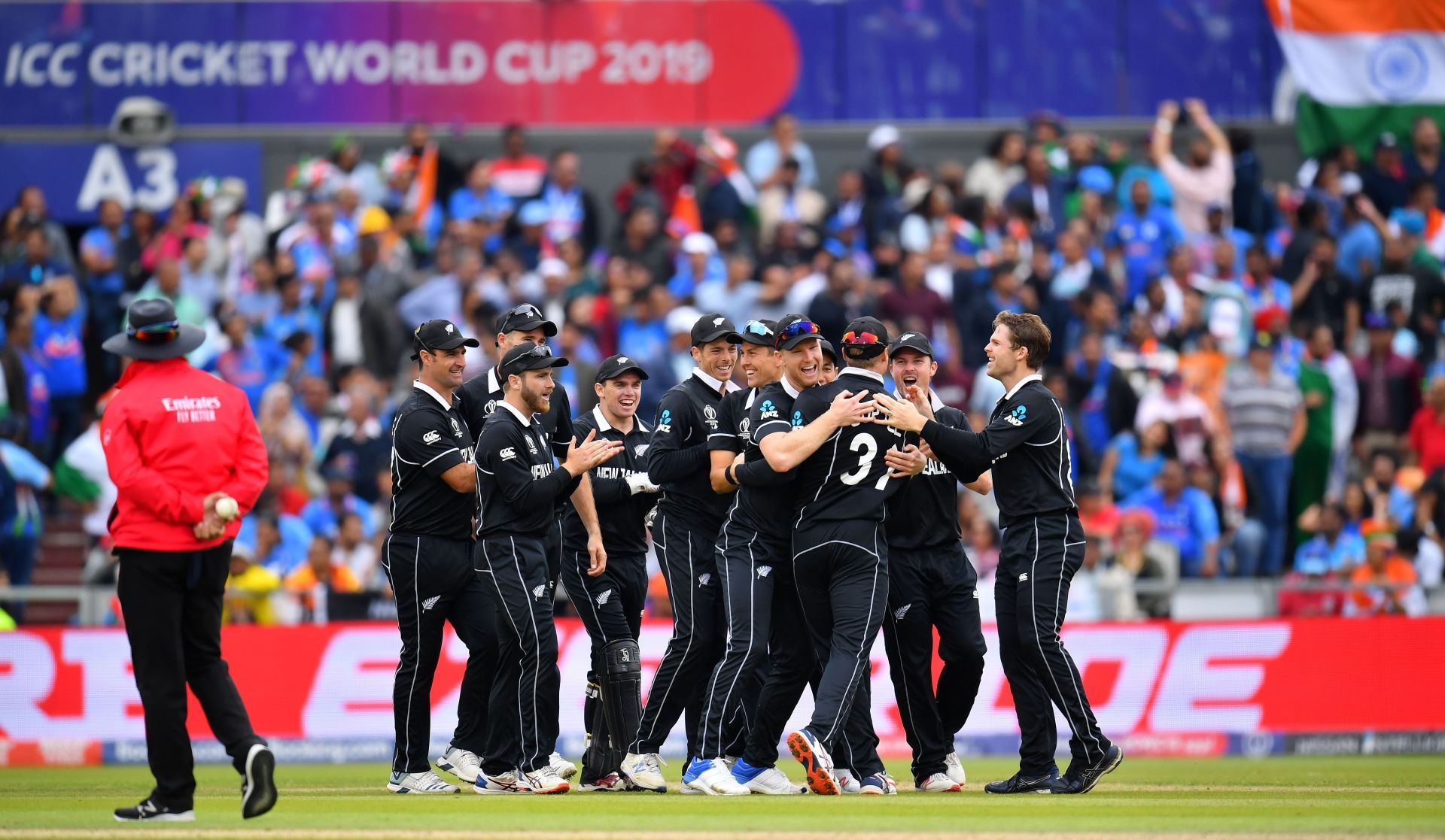 New Zealand players celebrate the run out of MS Dhoni in the 2019 World Cup semi-final. (Pic: Getty Images)