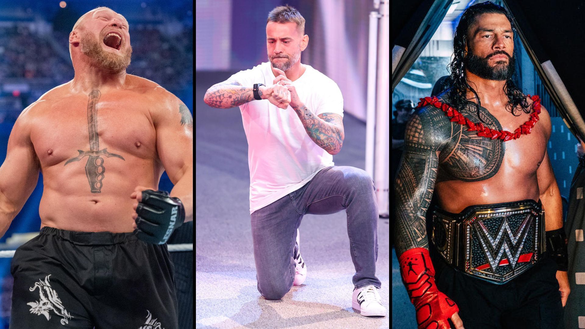 Brock Lesnar (left), CM Punk (middle), Roman Reigns (right)