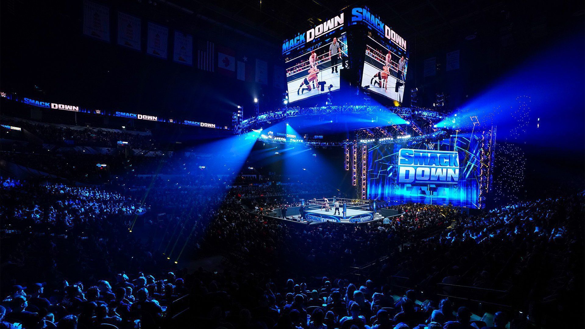 The WWE SmackDown ring and stage/set on display inside arena