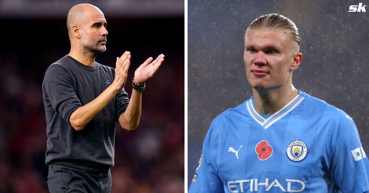 Manchester City boss Pep Guardiola (left) and striker Erling Haaland