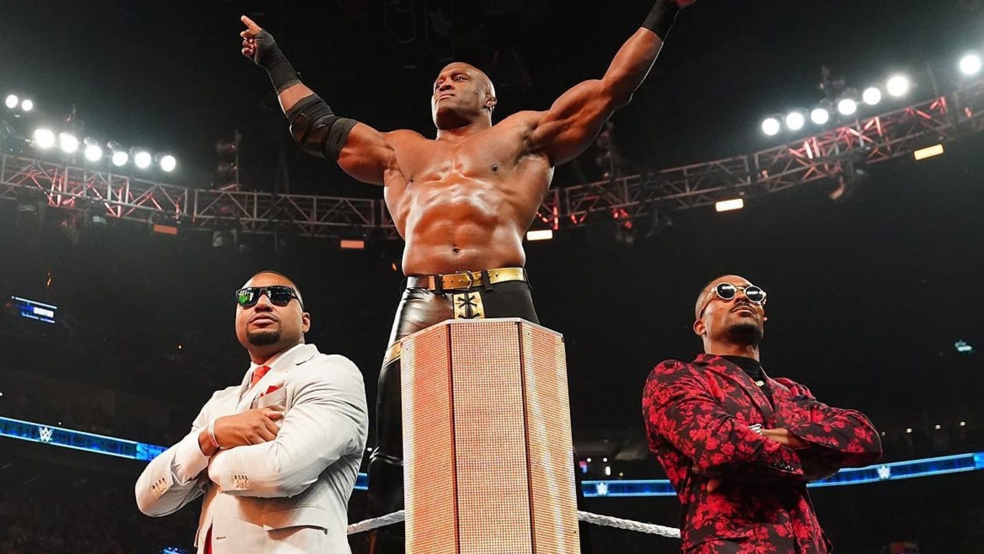 Bobby Lashley and The Street Profits pose on WWE SmackDown