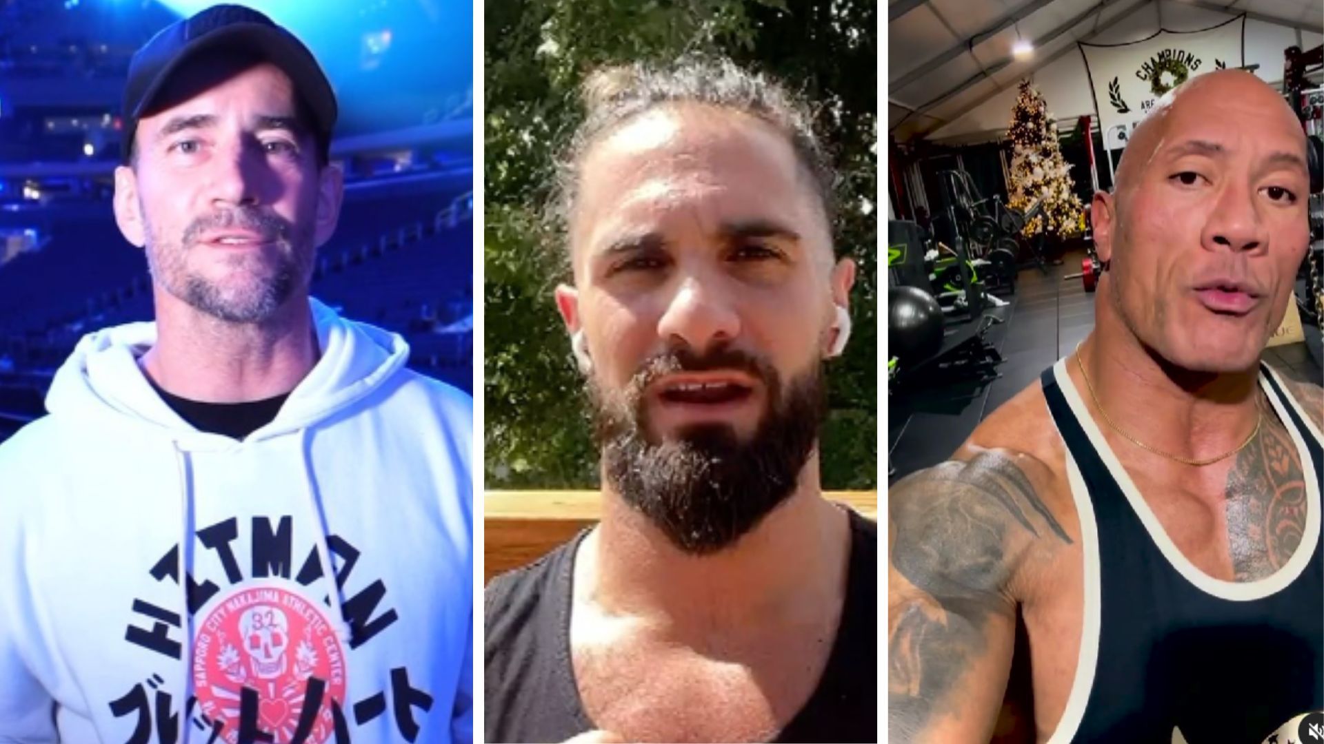 CM Punk on the left, Seth Rollins in the middle, The Rock on the right