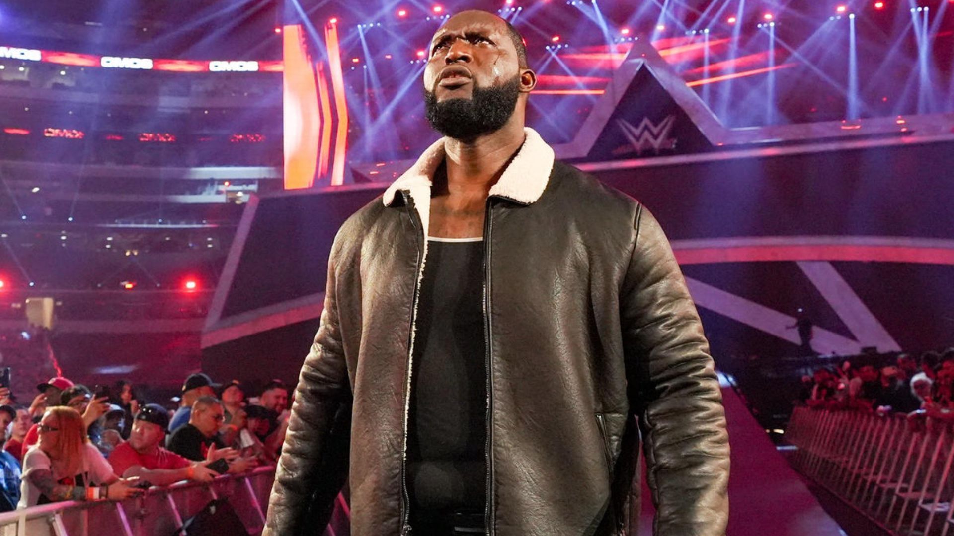 Omos during his entrance. Image Credits: wwe.com