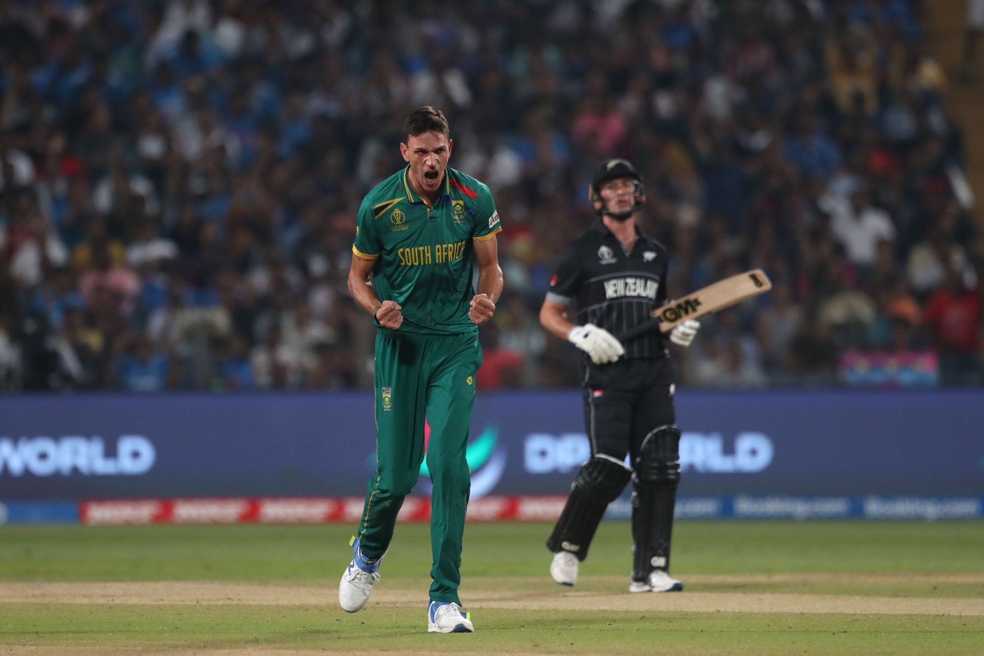 Marco Jansen celebrating the wicket of Devon Conway in SA&#039;s clash with NZ at the 2023 ODI Men&#039;s CWC.