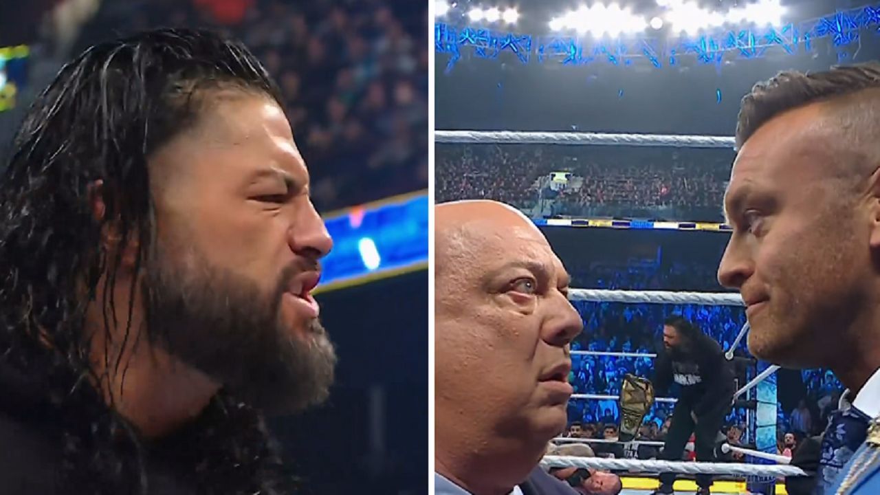 Roman Reigns (left); Paul Heyman and Nick Aldis (right)