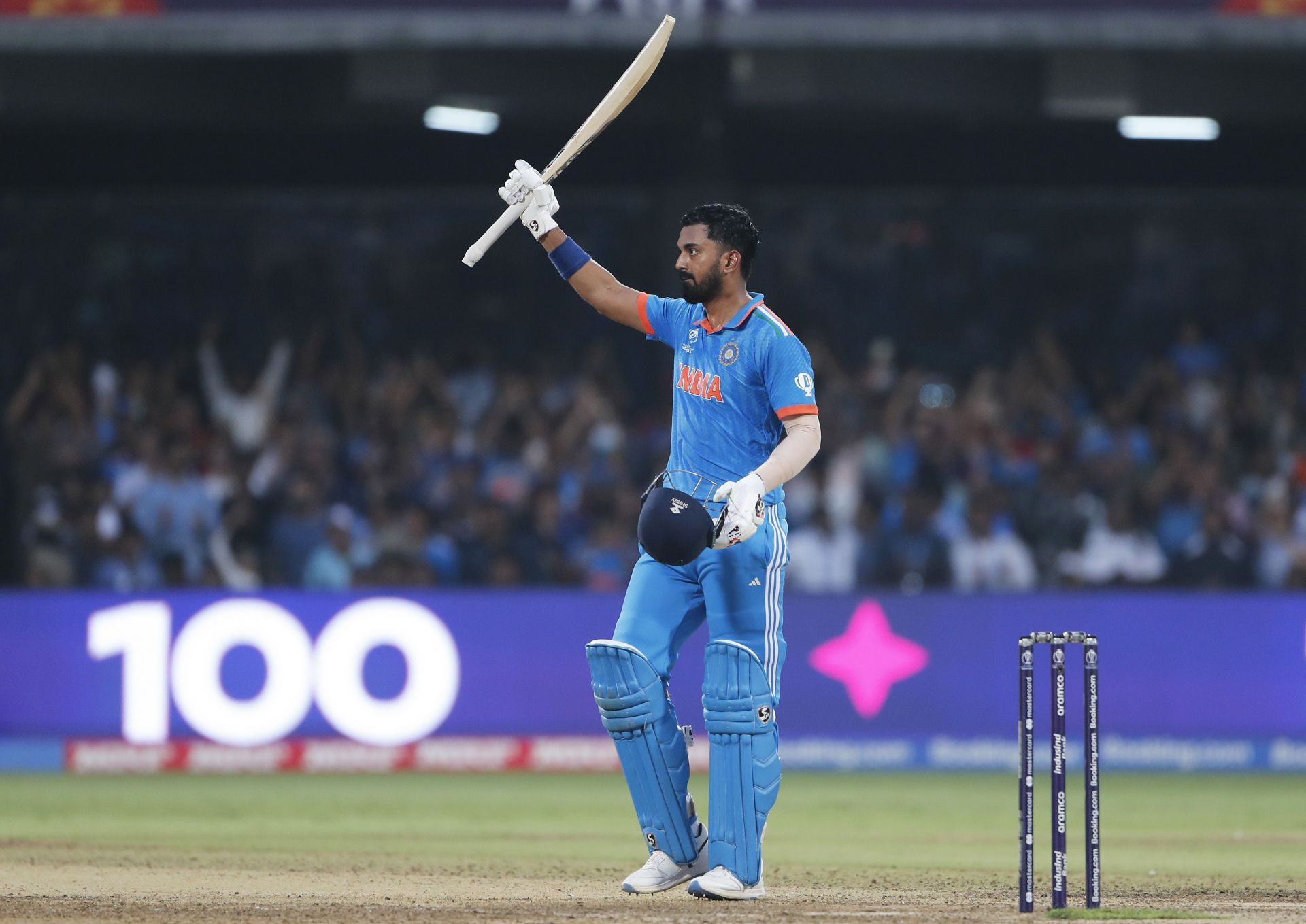 KL Rahul celebrates after reaching his century: ICC Men's Cricket World Cup 2023