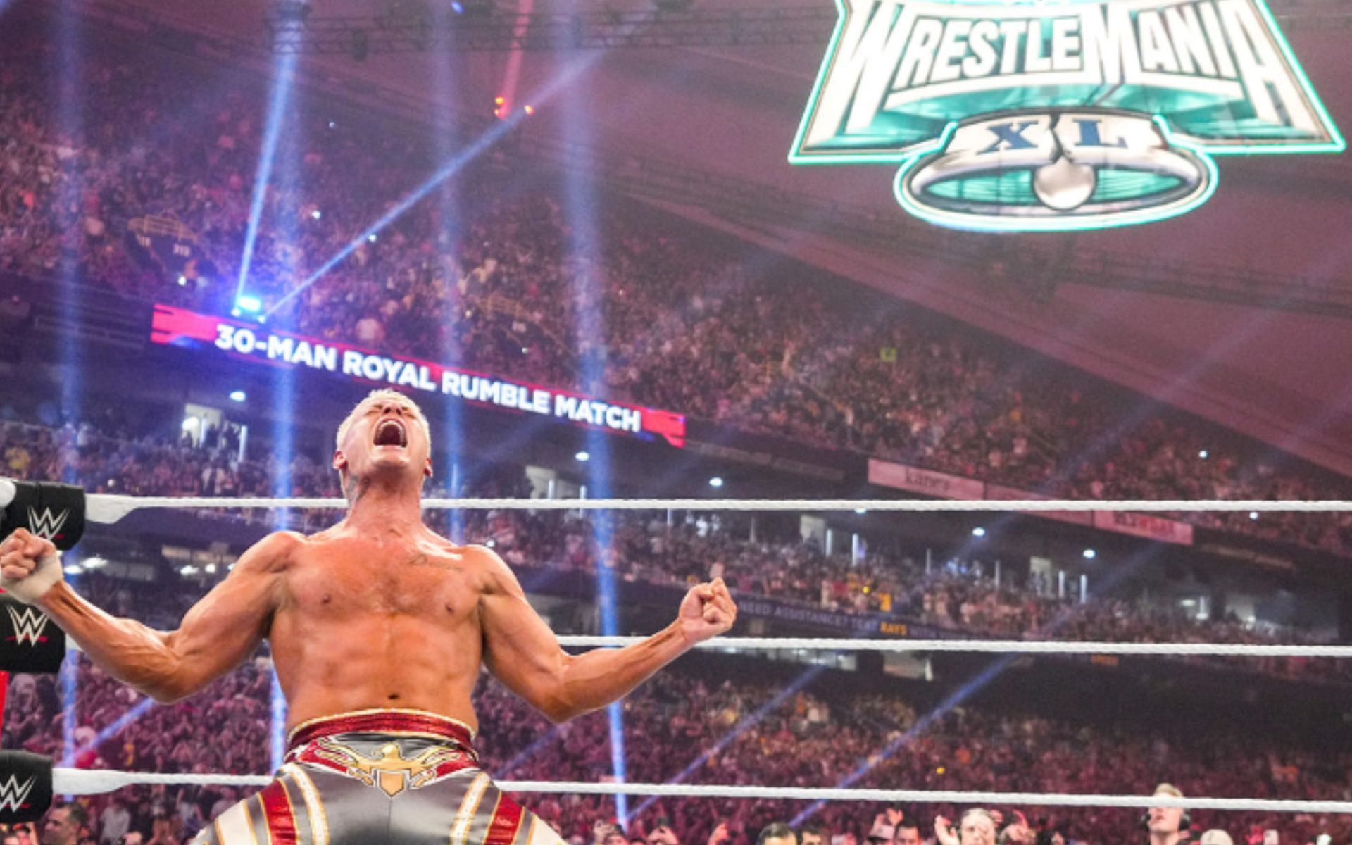 Cody Rhodes celebrating his Royal Rumble victory two times in a row (Image source: WWE)