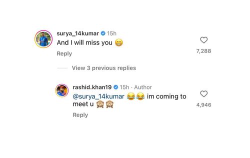 Suryakumar Yadav's comment on Rashid Khan's post.