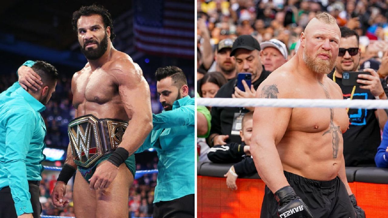 Jinder Mahal and The Bollywood Boyz (left); Brock Lesnar (right)