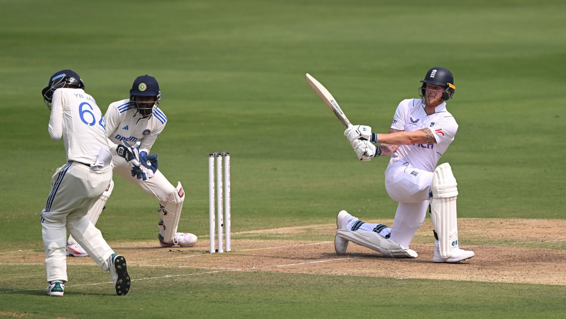 Ben Stokes plays a sweep in Hyderabad. (Credits: Getty)