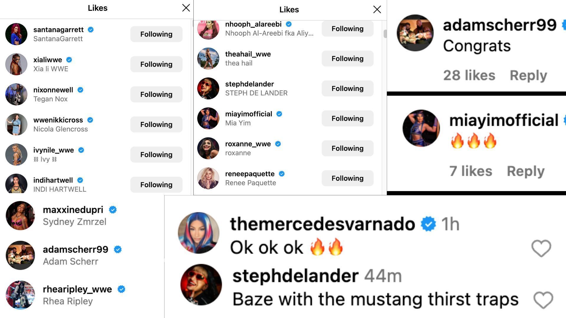 Screenshot of WWE stars&#039; reactions to Shayna Baszler&#039;s Insta post