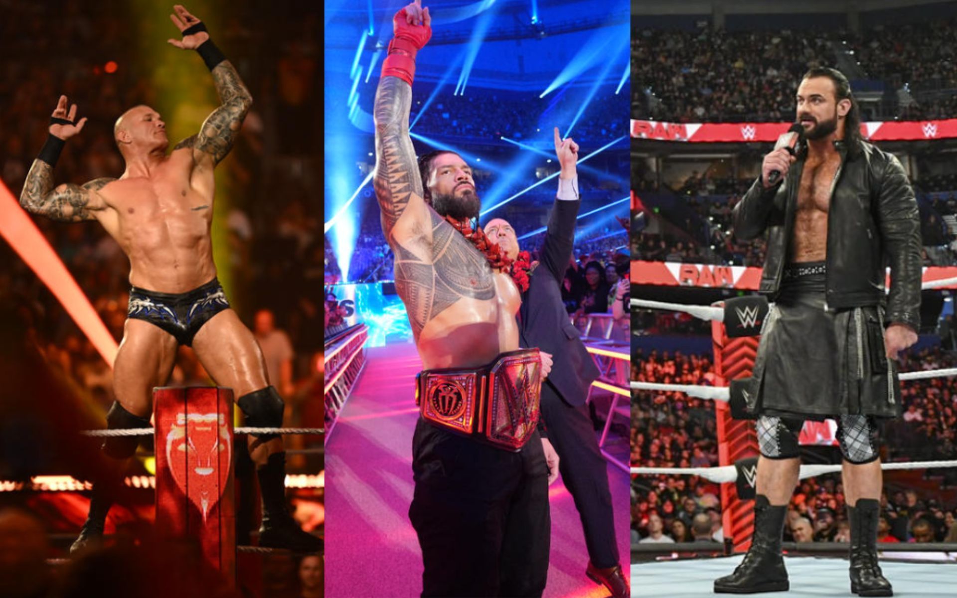 (Left to right): Randy Orton; Roman Reigns; Drew McIntyre (Image source: WWE)