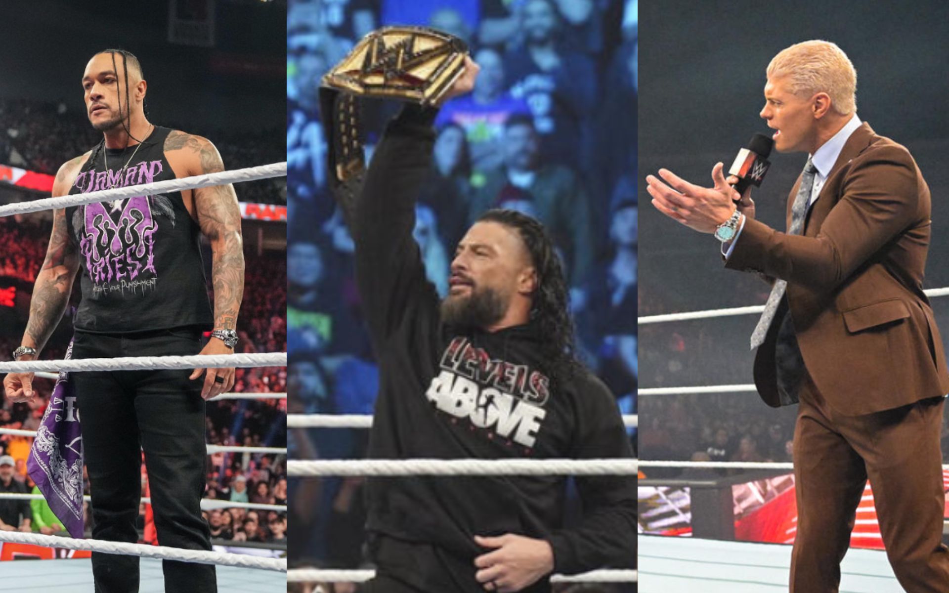 (Left to right): Damian Priest; Roman Reigns; Cody Rhodes (Image source: WWE.com)