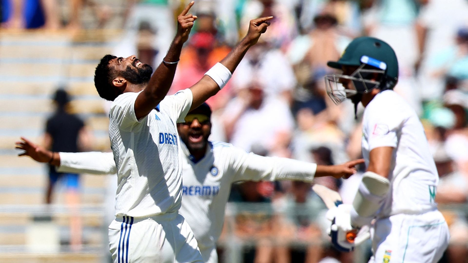 Jasprit Bumrah celebrates the wicket of Keshav Maharaj on Day 2 of Cape Town Test