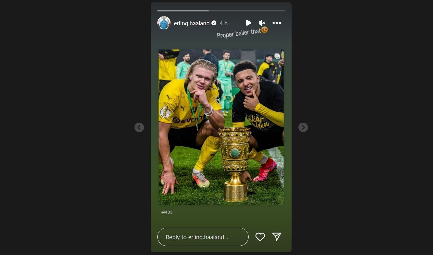 Screenshot of Haaland&#039;s Instagram story featuring Sancho