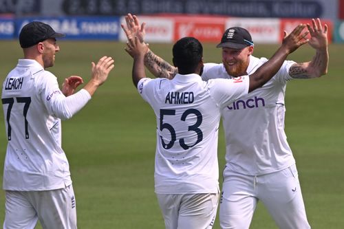 Jack Leach, Rehan Ahmed and Ben Stokes in Hyderabad.