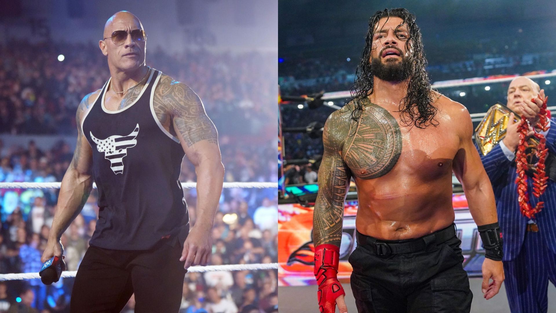 The Rock (left) and Undisputed WWE Universal Champion Roman Reigns (right)