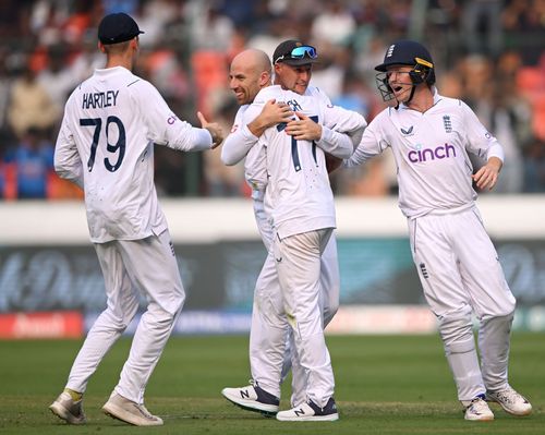 Jack Leach celebrates Rohit Sharma's wicket. (Credits: Getty)