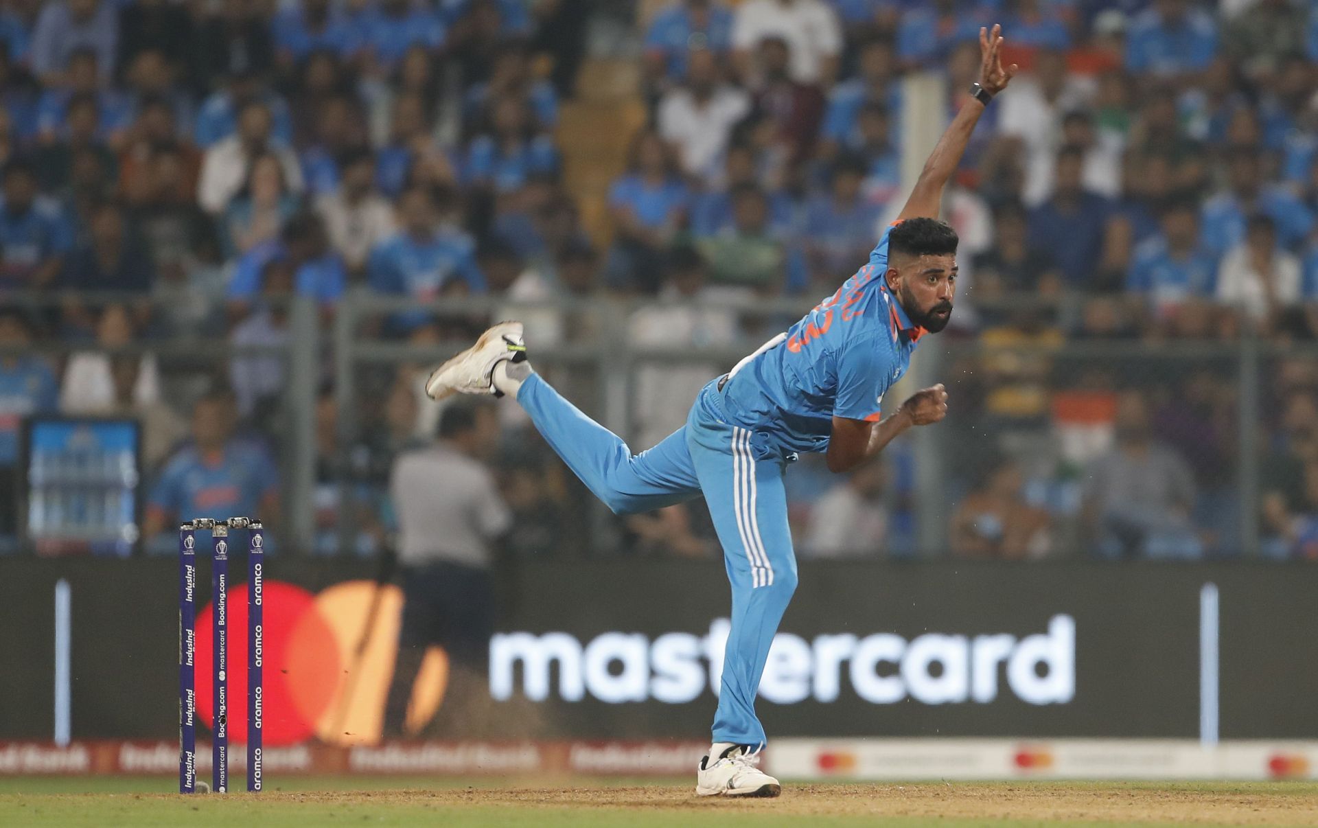 Mohammed Siraj bowls: India v Sri Lanka - ICC Men&#039;s Cricket World Cup India 2023