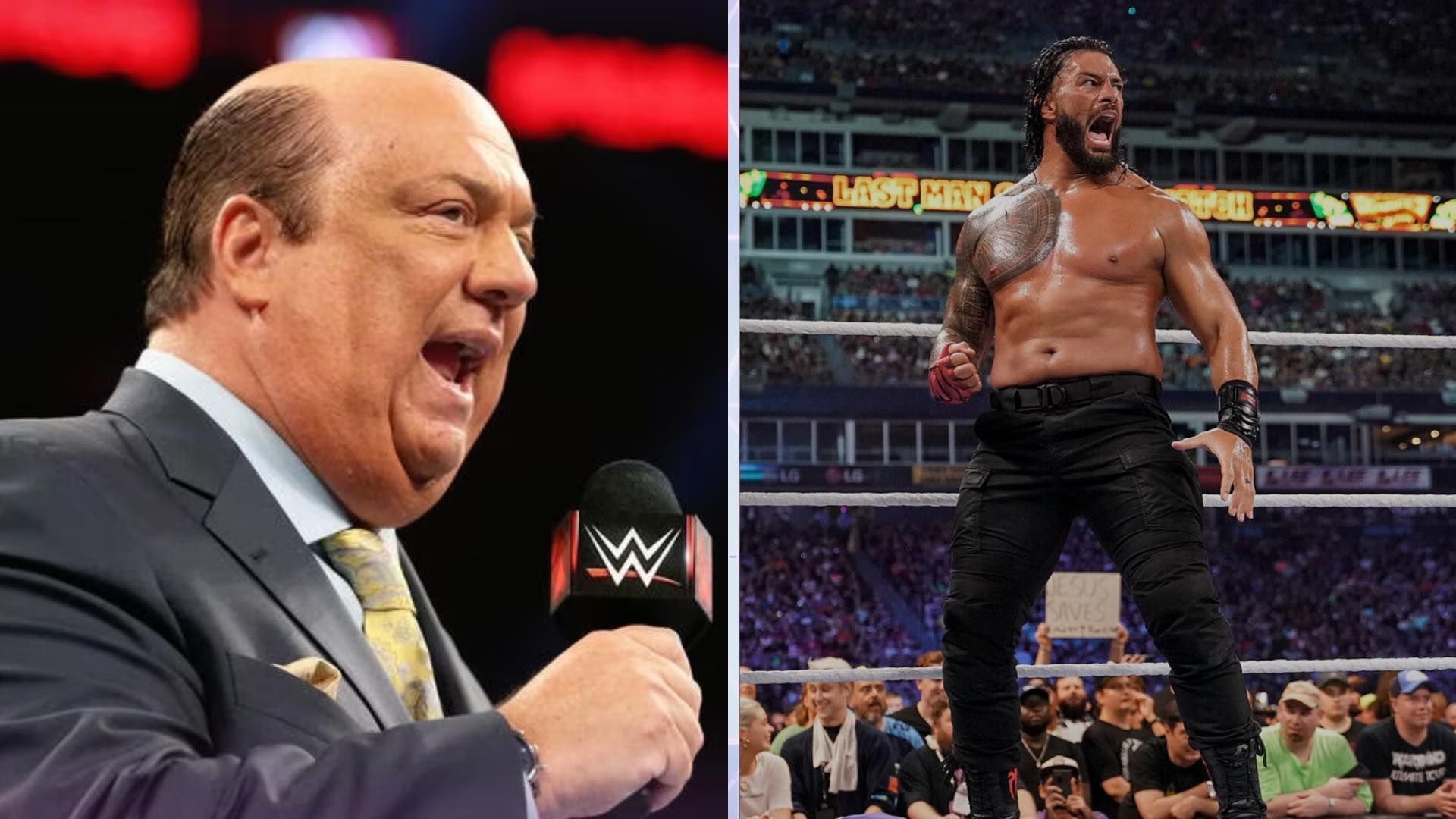 Paul Heyman (left); Roman Reigns (right)