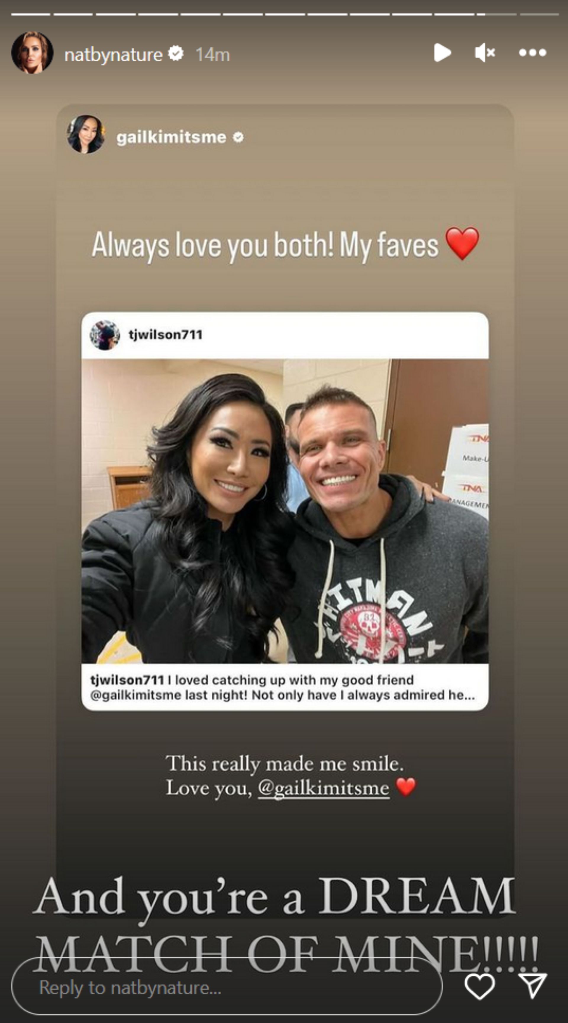 Screenshot of Natalya's post to Gail Kim on Instagram Stories