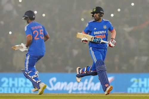 Jitesh Sharma (right) and Shivam Dube added 45 runs for the fourth wicket in the first T20I against Afghanistan. [P/C: BCCI]