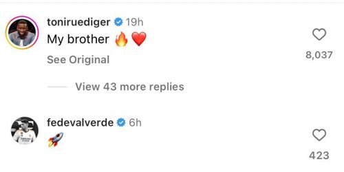 Antonio Rudiger and Federico Valverde's comments of Rodrygo's Instagram post