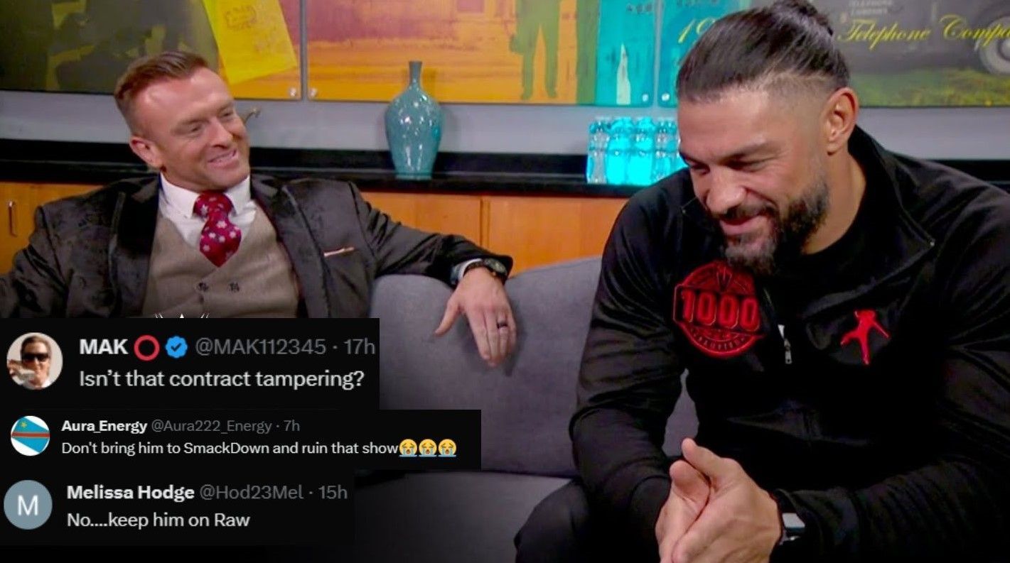 Nick Aldis (left), Roman Reigns (right)