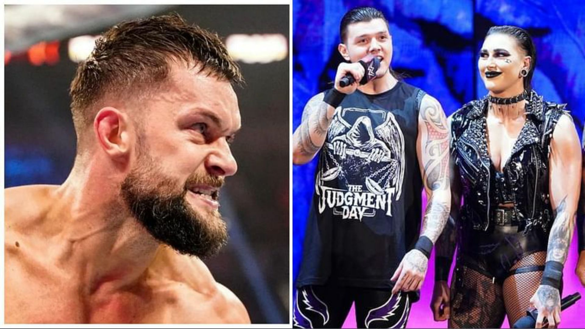 Finn Balor (left); Dominik Mysterio &amp; Rhea Ripley (right)