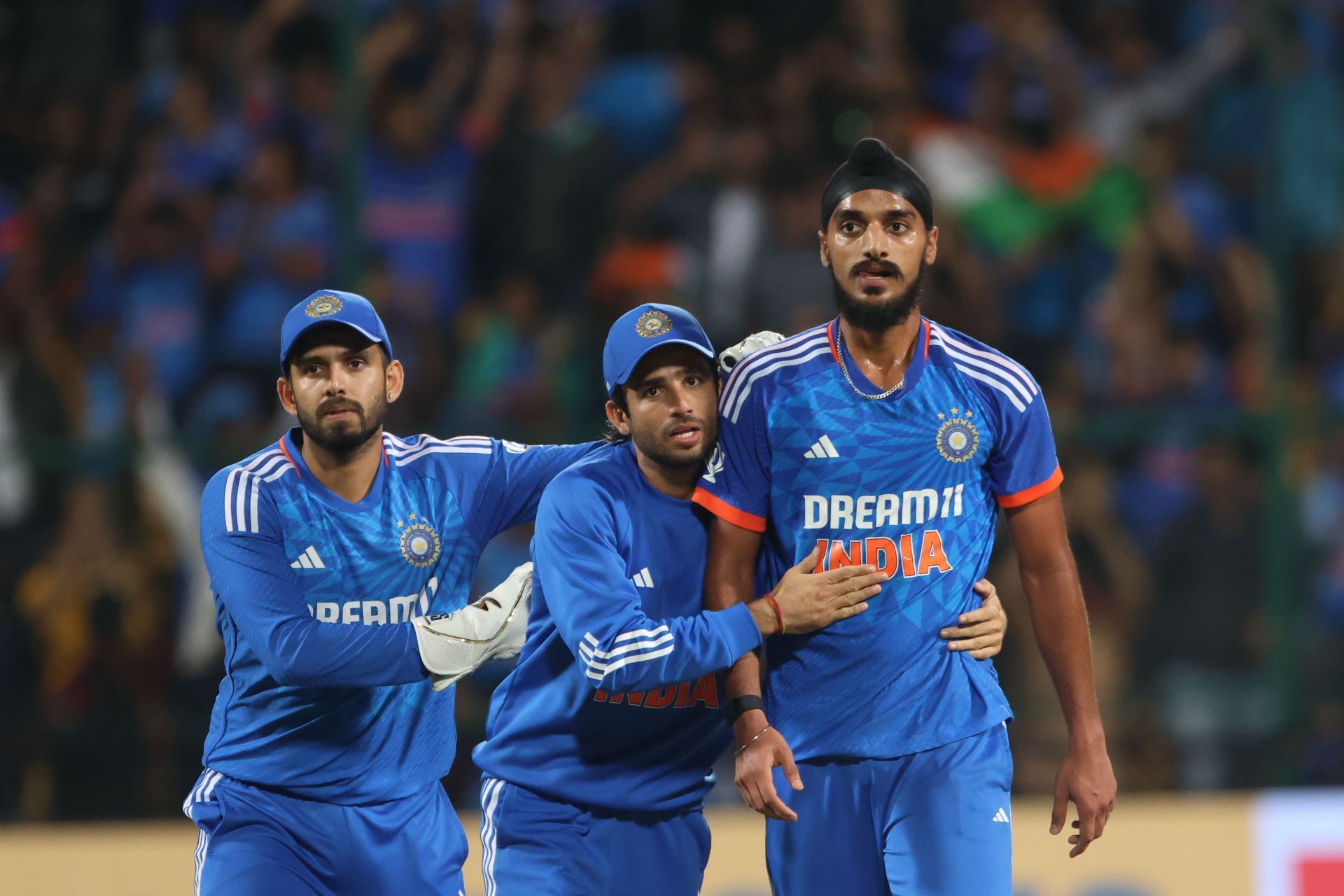 Arshdeep Singh [right] celebrates a wicket: India v Australia - T20I Series: Game 5