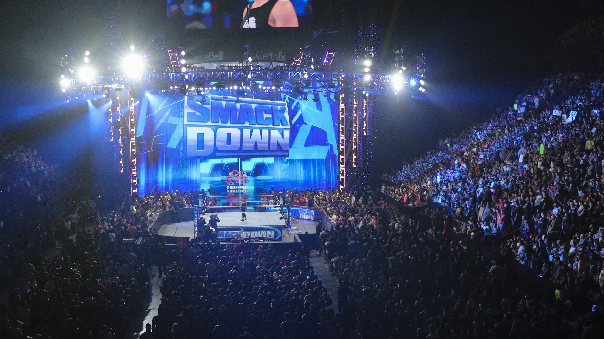 The WWE SmackDown ring and stage/set on display inside arena