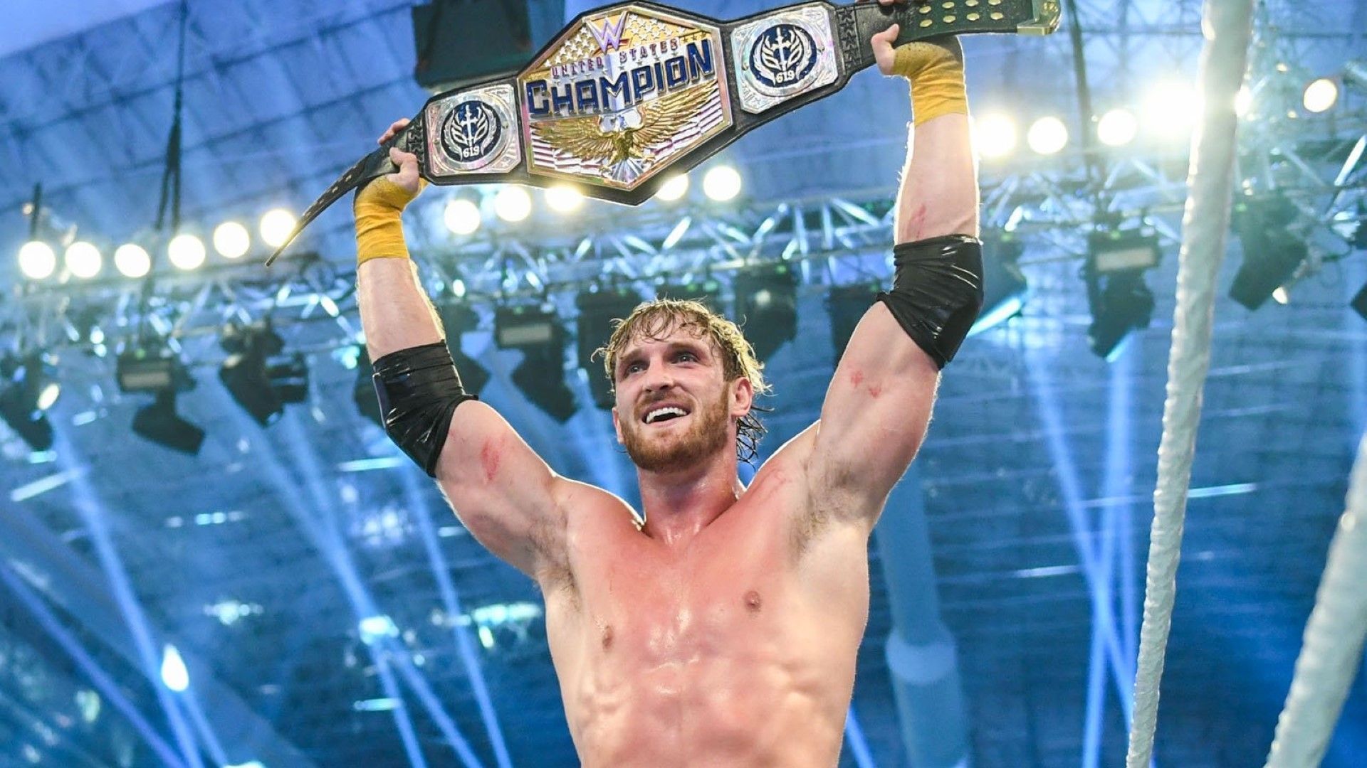 Logan Paul poses with the WWE United States Championship