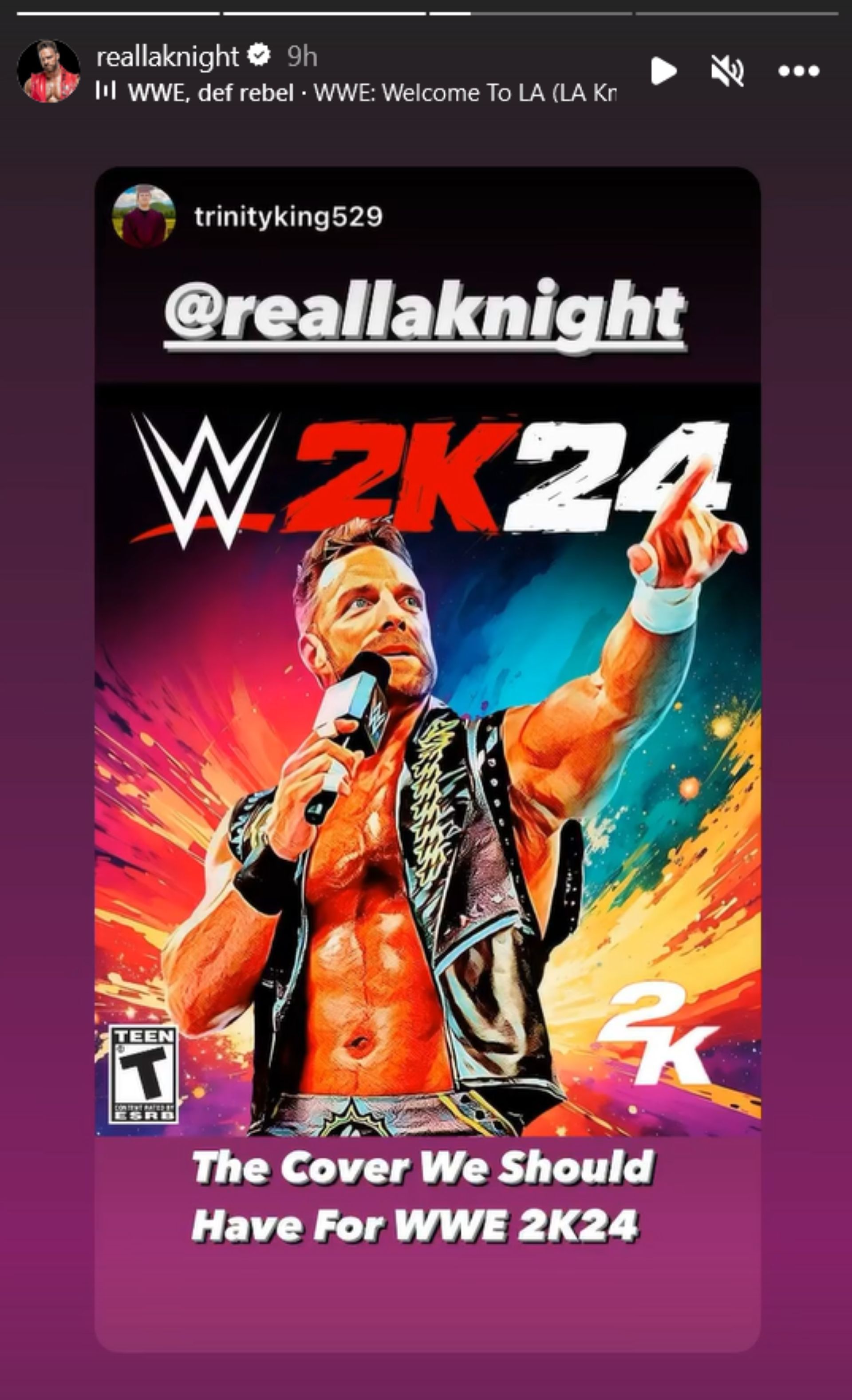 Screenshot of LA Knight&#039;s WWE 2K24 post on Instagram Stories