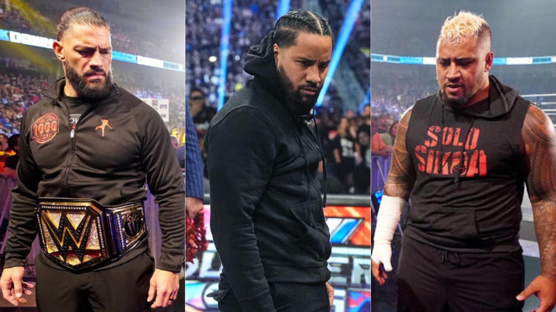 Roman Reigns (left), Jimmy Uso (center), Solo Sikoa (right)