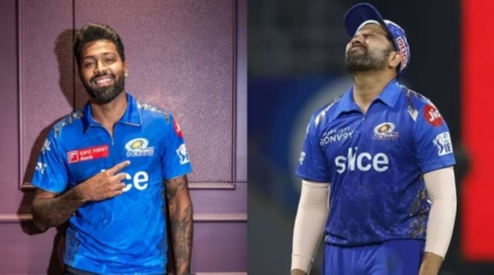 Hardik Pandya (L) replaced Rohit Sharma (R) as MI captain.