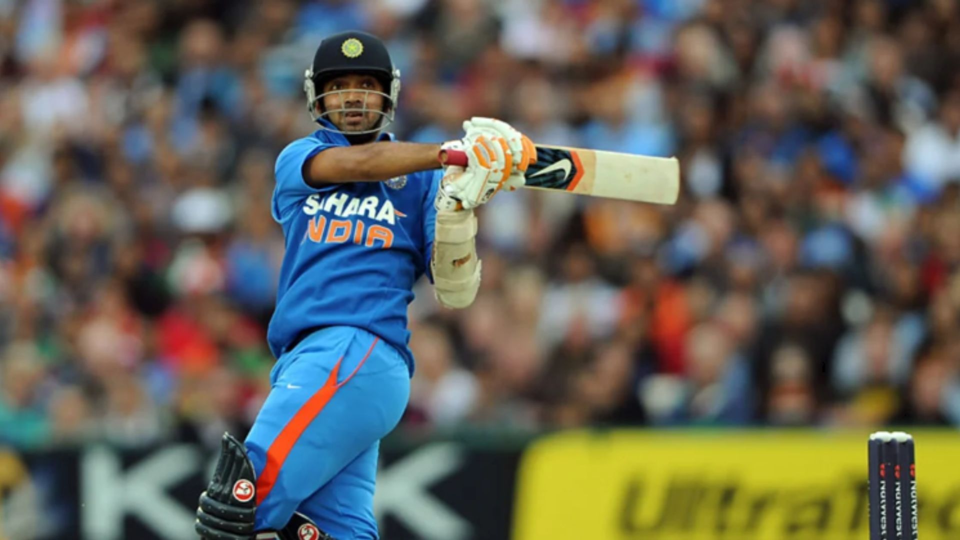Ajinkya Rahane plays a stroke during his knock of 61 in that game. (Pic: Getty)